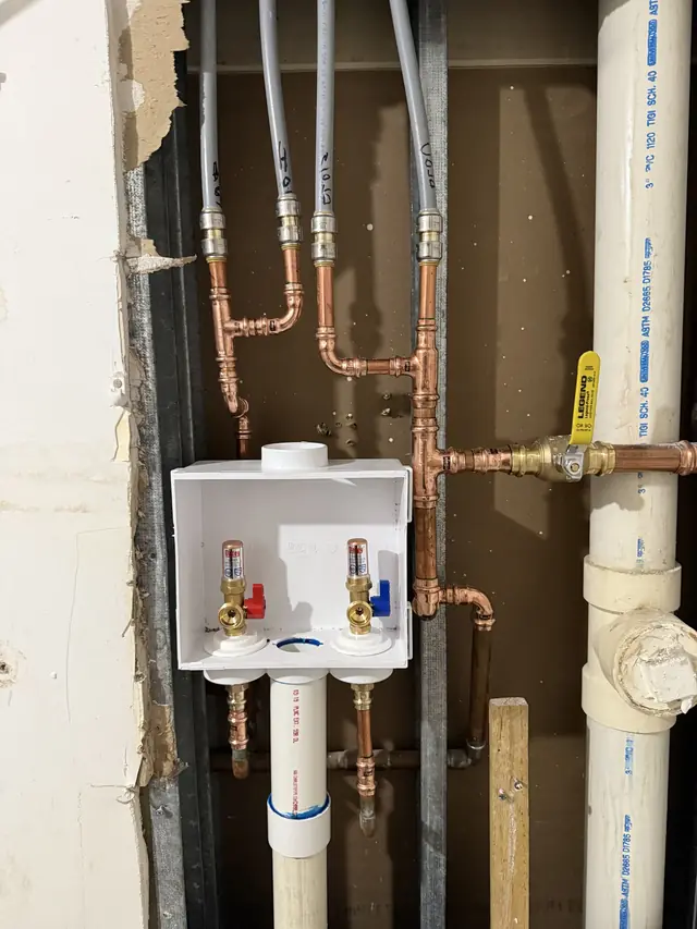 Laundry outlet box with copper and PEX repipe connections